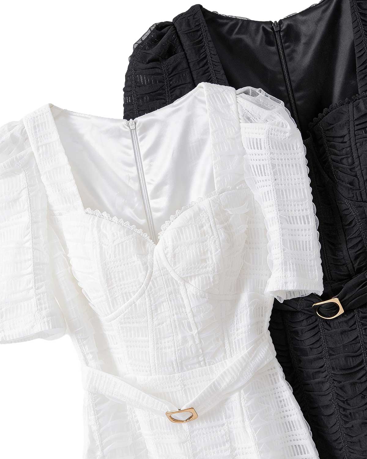 Textured Square Neck Belted Midi Dress [Slim Fit]