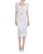 Textured Square Neck Belted Midi Dress [Slim Fit]