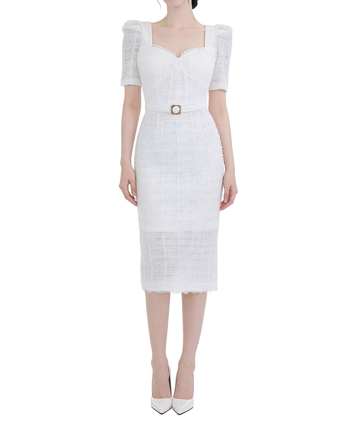Textured Square Neck Belted Midi Dress [Slim Fit]