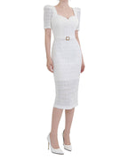 Textured Square Neck Belted Midi Dress [Slim Fit]