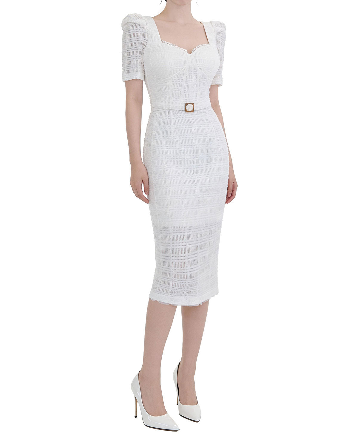 Textured Square Neck Belted Midi Dress [Slim Fit]