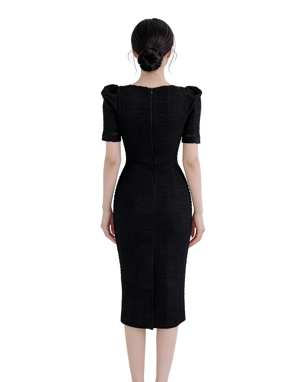 Textured Square Neck Belted Midi Dress [Slim Fit]