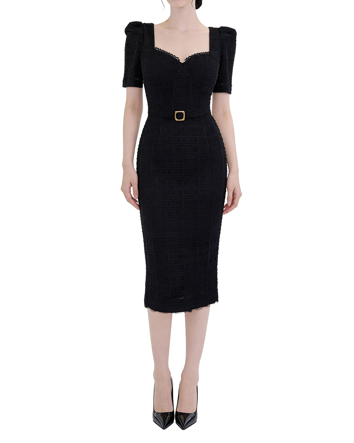 Textured Square Neck Belted Midi Dress [Slim Fit]