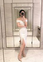 Off-The-Shoulder Front Slit Midi Bodycon Dress [Extreme Slim]