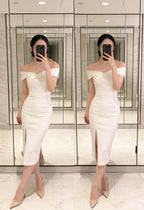 Off-The-Shoulder Front Slit Midi Bodycon Dress [Extreme Slim]